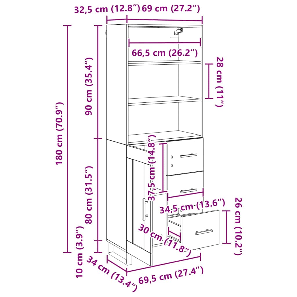 Highboard s ladicama 2 pcs Crni hrast Konstruirano drvo