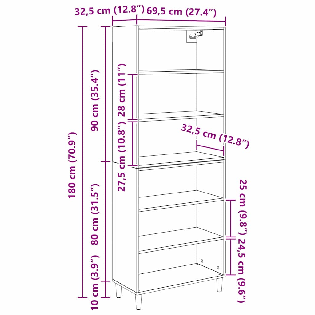 Highboard Crni hrast 69,5 x 32,5 x 180 cm Konstruirano drvo