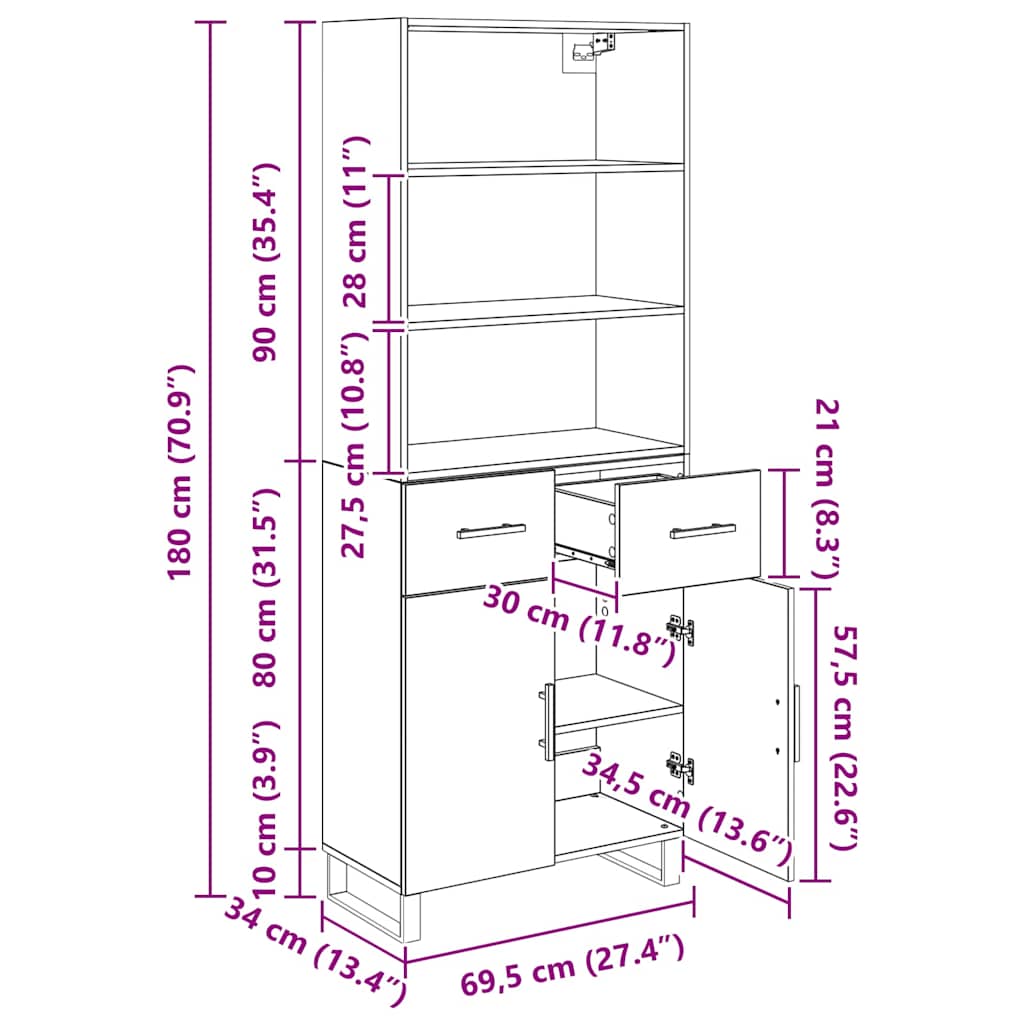 Highboard 2 pcs Crni hrast 69,5 x 34 x 180 cm Konstruirano drvo