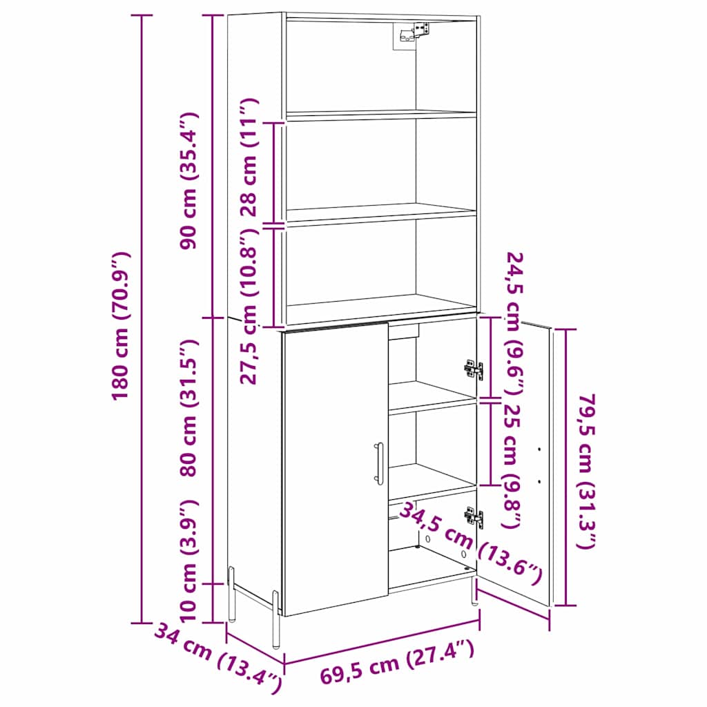Highboard Crni hrast 69,5 x 34 x 180 cm Konstruirano drvo