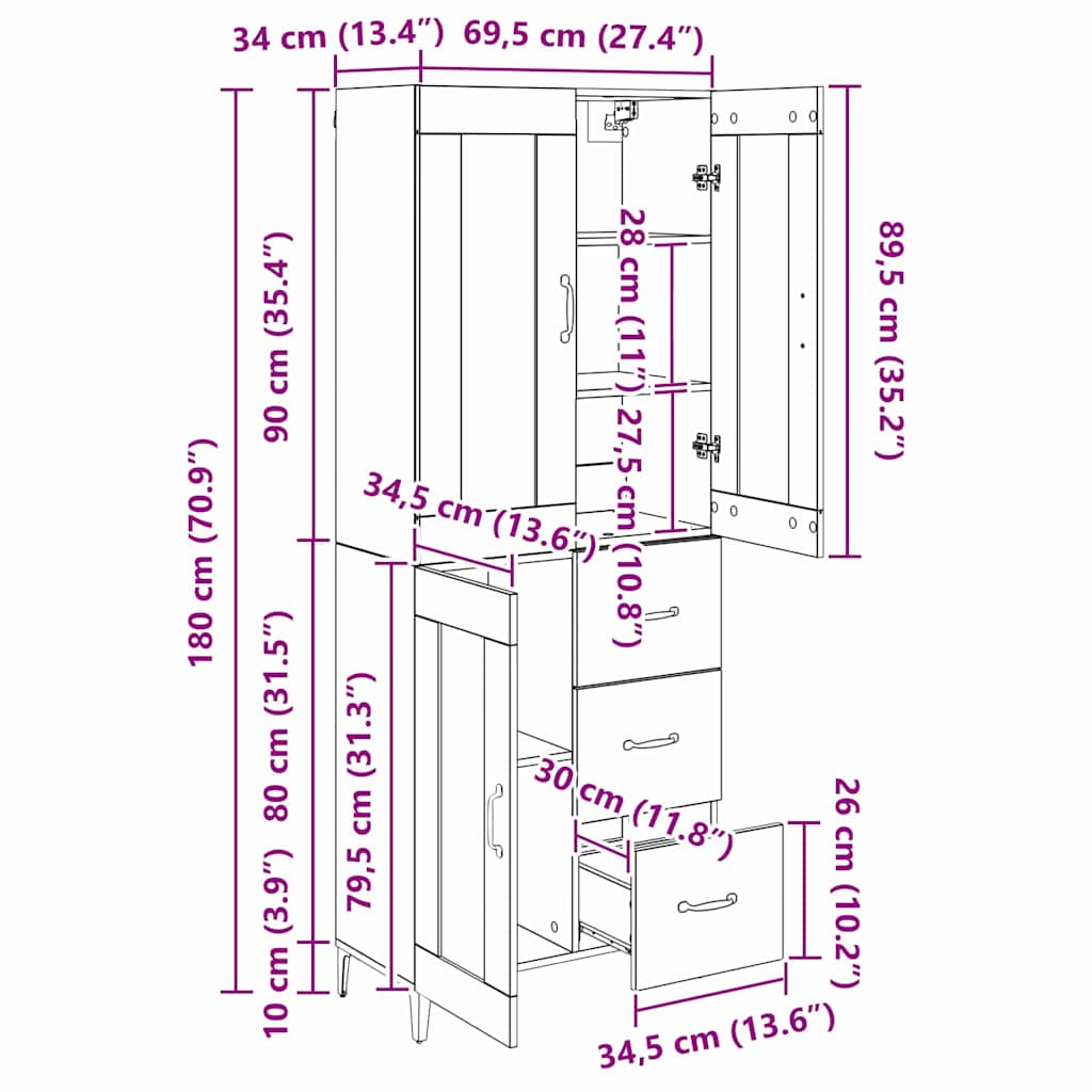 Highboard Zidne Crni hrast 69,5 x 34 x 180 cm Konstruirano drvo
