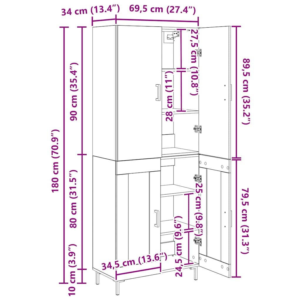 Highboard Zidne Crni hrast 69,5 x 34 x 180 cm Konstruirano drvo