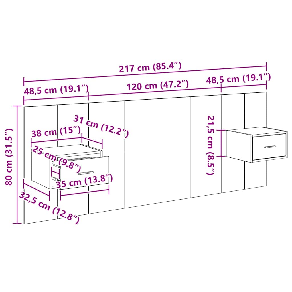 Uzglavlje s ormarićem Zidne 3 pcs Crni hrast Konstruirano drvo