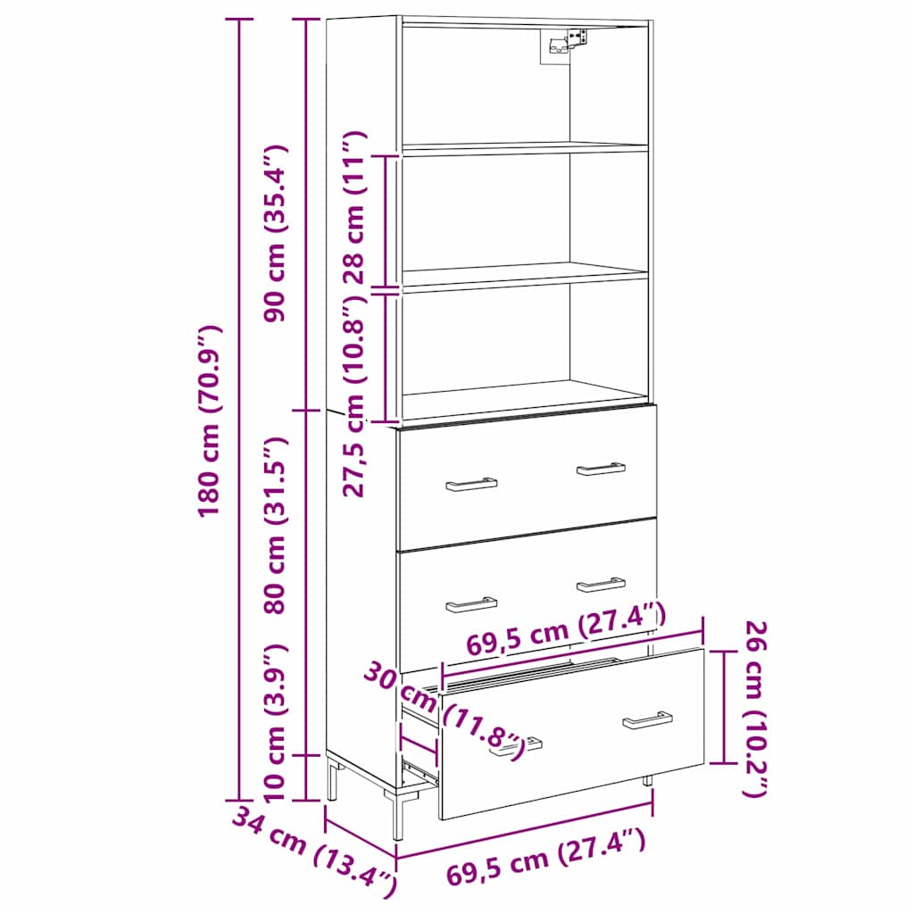 Highboard Crni hrast 69,5 x 34 x 180 cm Konstruirano drvo