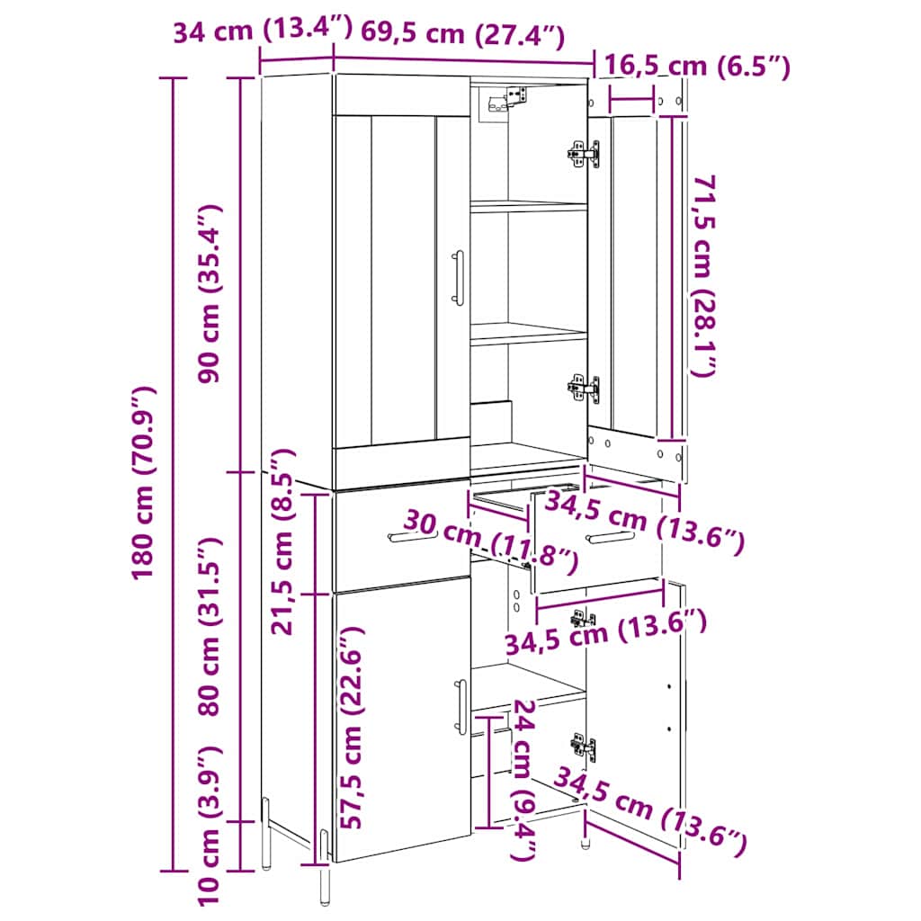 Highboard s ladicama 2 pcs Crni hrast Konstruirano drvo