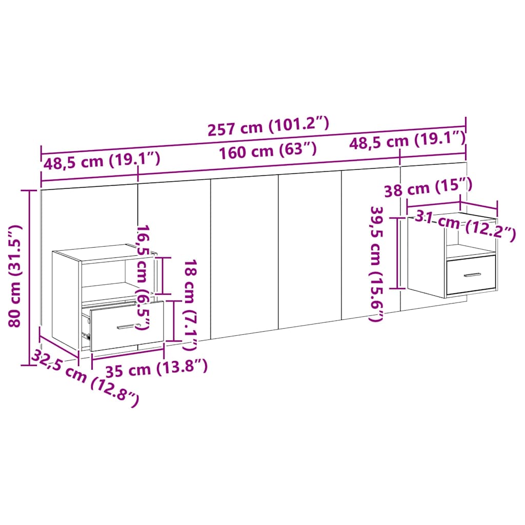 Uzglavlje s ormarićem Zidne 3 pcs Crni hrast Konstruirano drvo