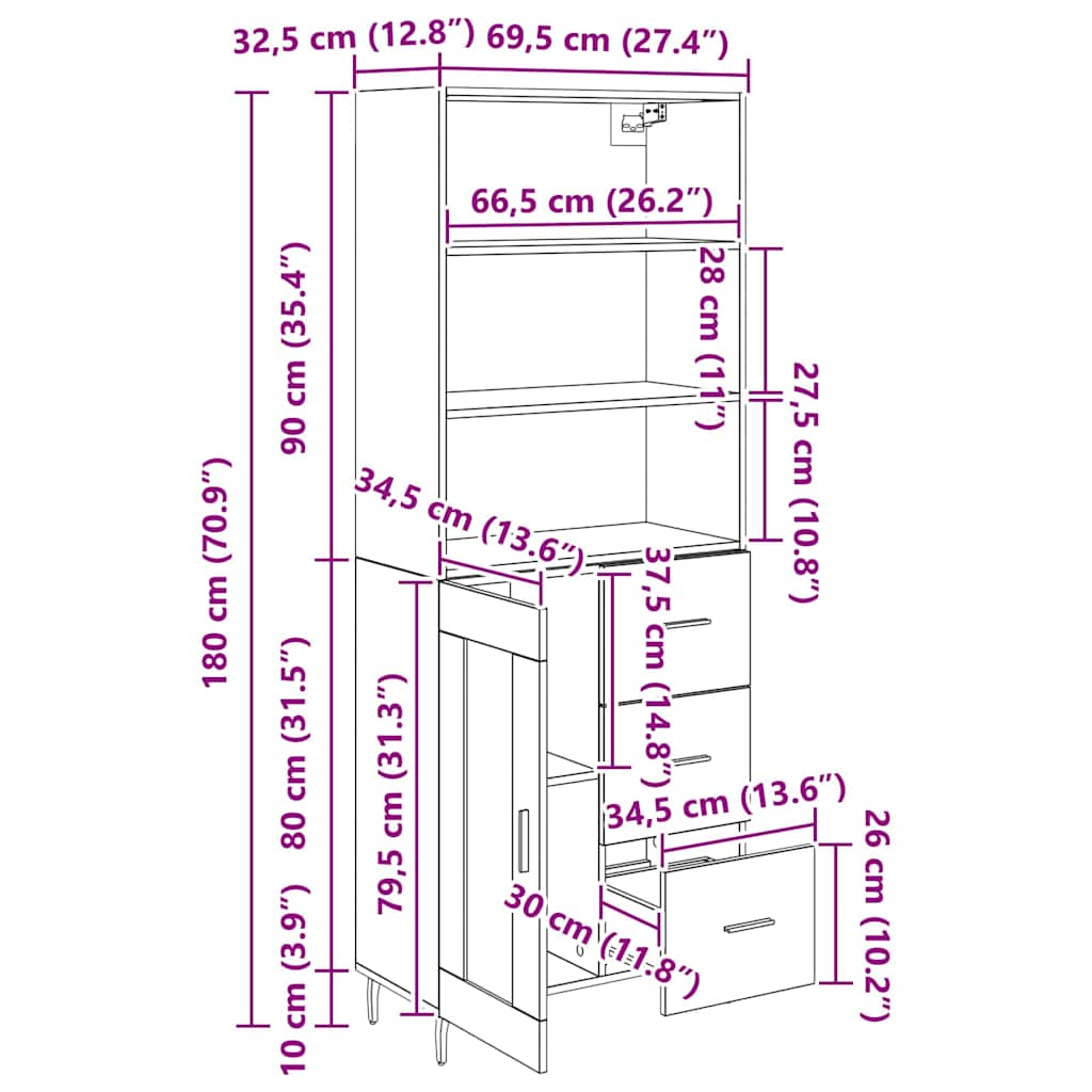 Highboard s ladicama Crni hrast 69,5 x 34 x 180 cm