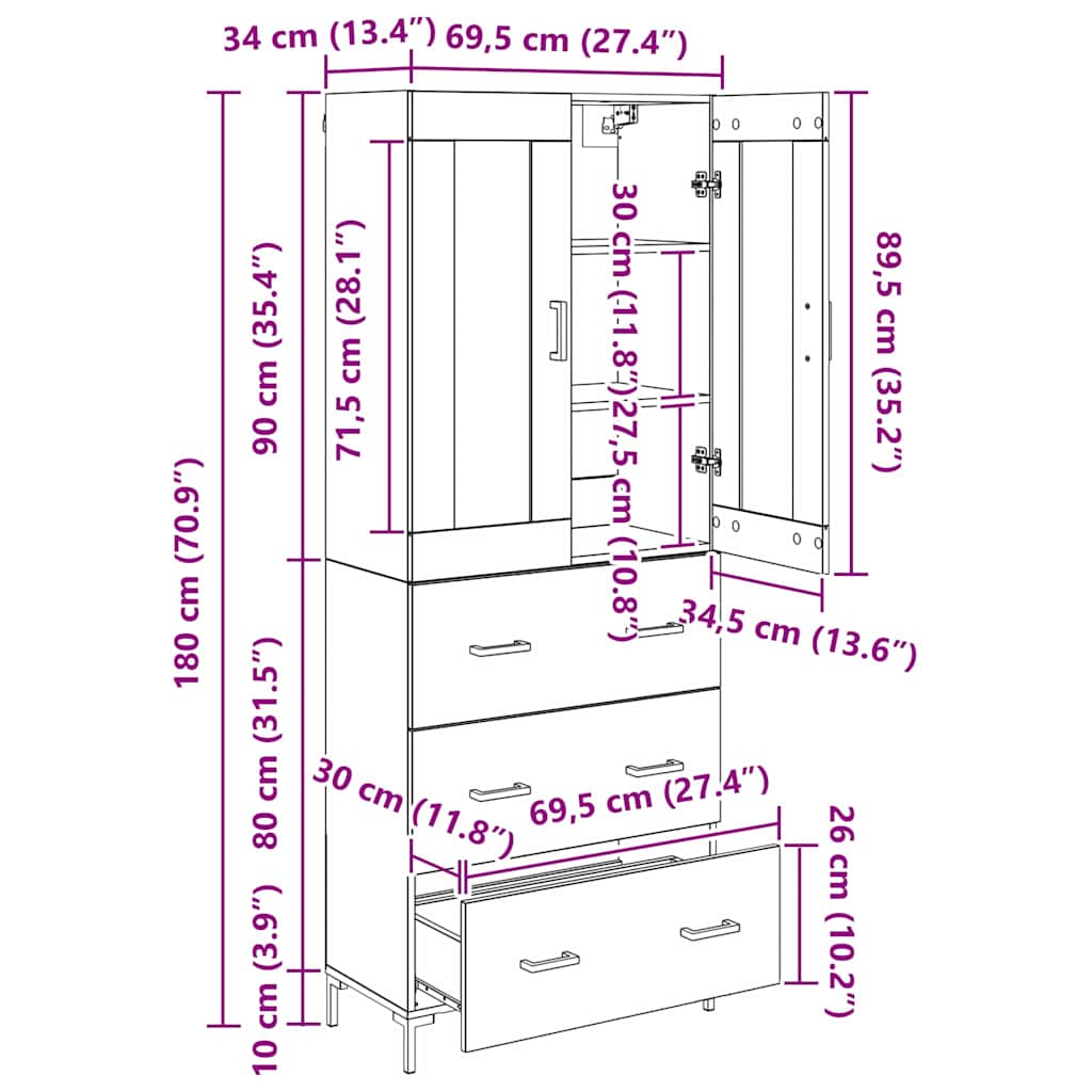 Highboard s ladicama 2 pcs Crni hrast Konstruirano drvo