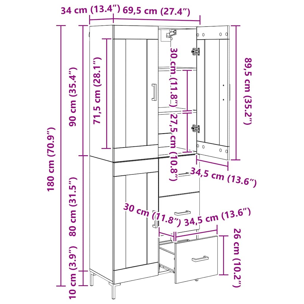 Highboard s ladicama 2 pcs Crni hrast Konstruirano drvo