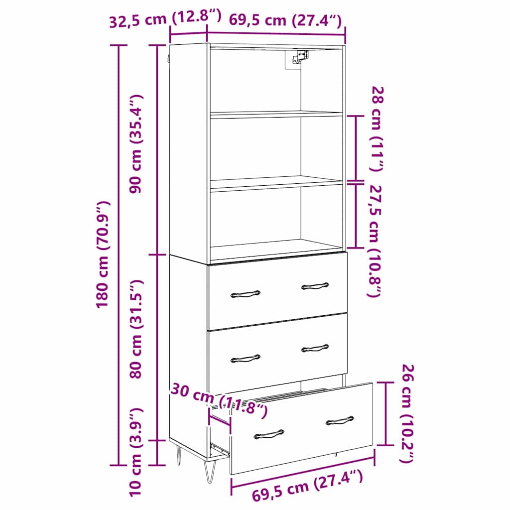 Highboard s ladicama 2 pcs Crni hrast Konstruirano drvo