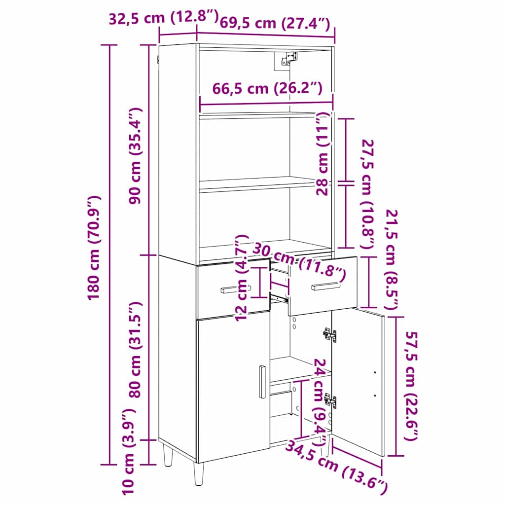 Highboard Crni hrast 69,5 x 32,5 x 180 cm Konstruirano drvo