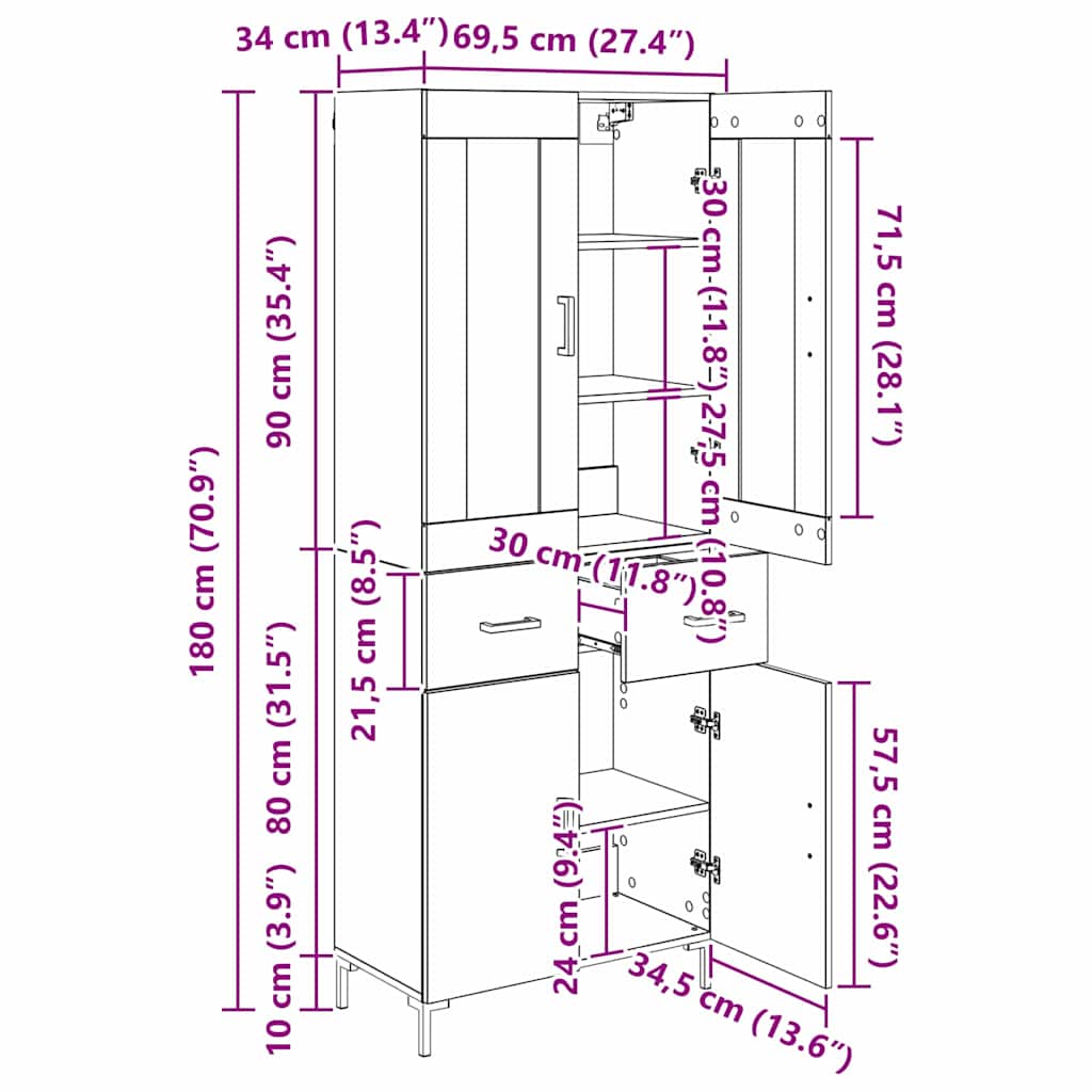 Highboard s ladicama 2 pcs Crni hrast Konstruirano drvo