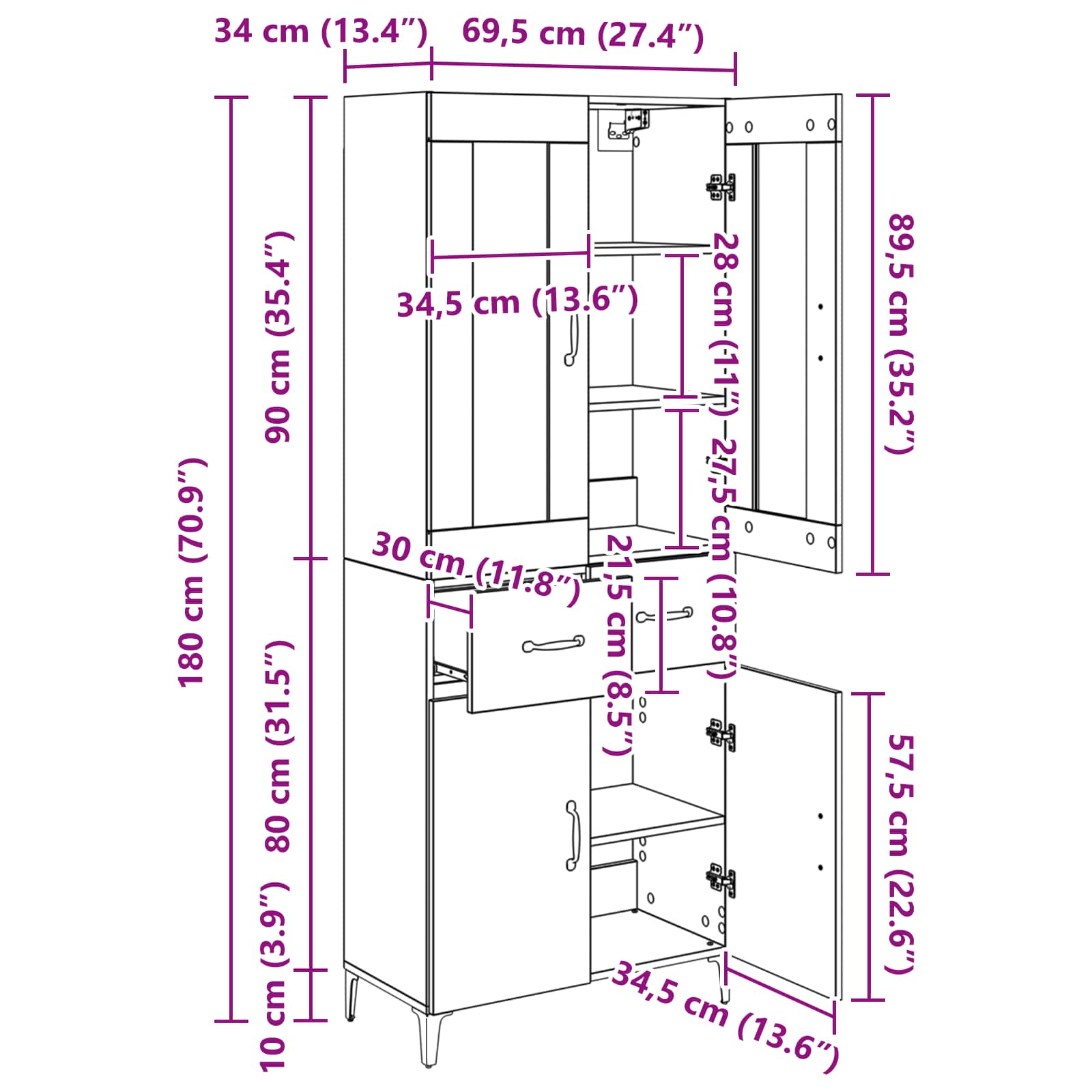 Highboard Zidne Crni hrast 69,5 x 34 x 180 cm Konstruirano drvo