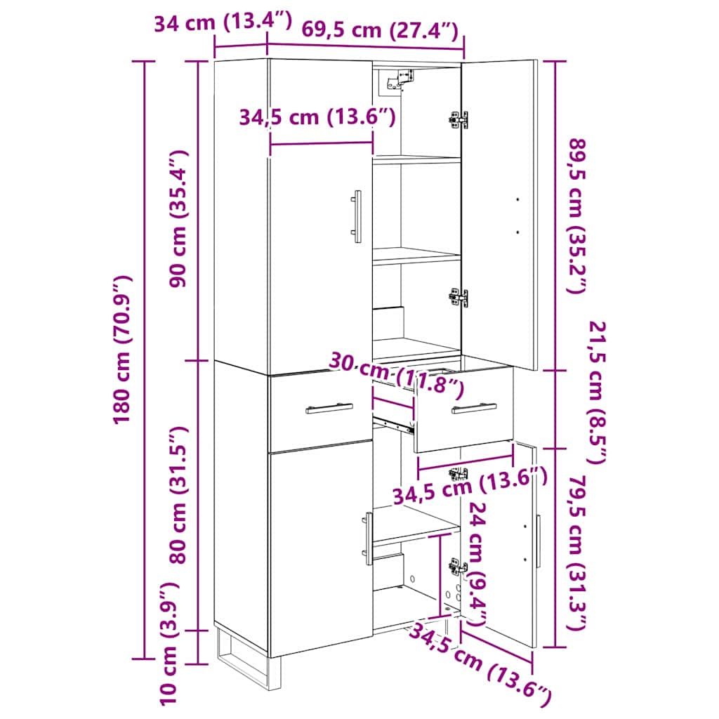 Highboard s ladicama 2 pcs Crni hrast 69,5 x 34 x 180 cm