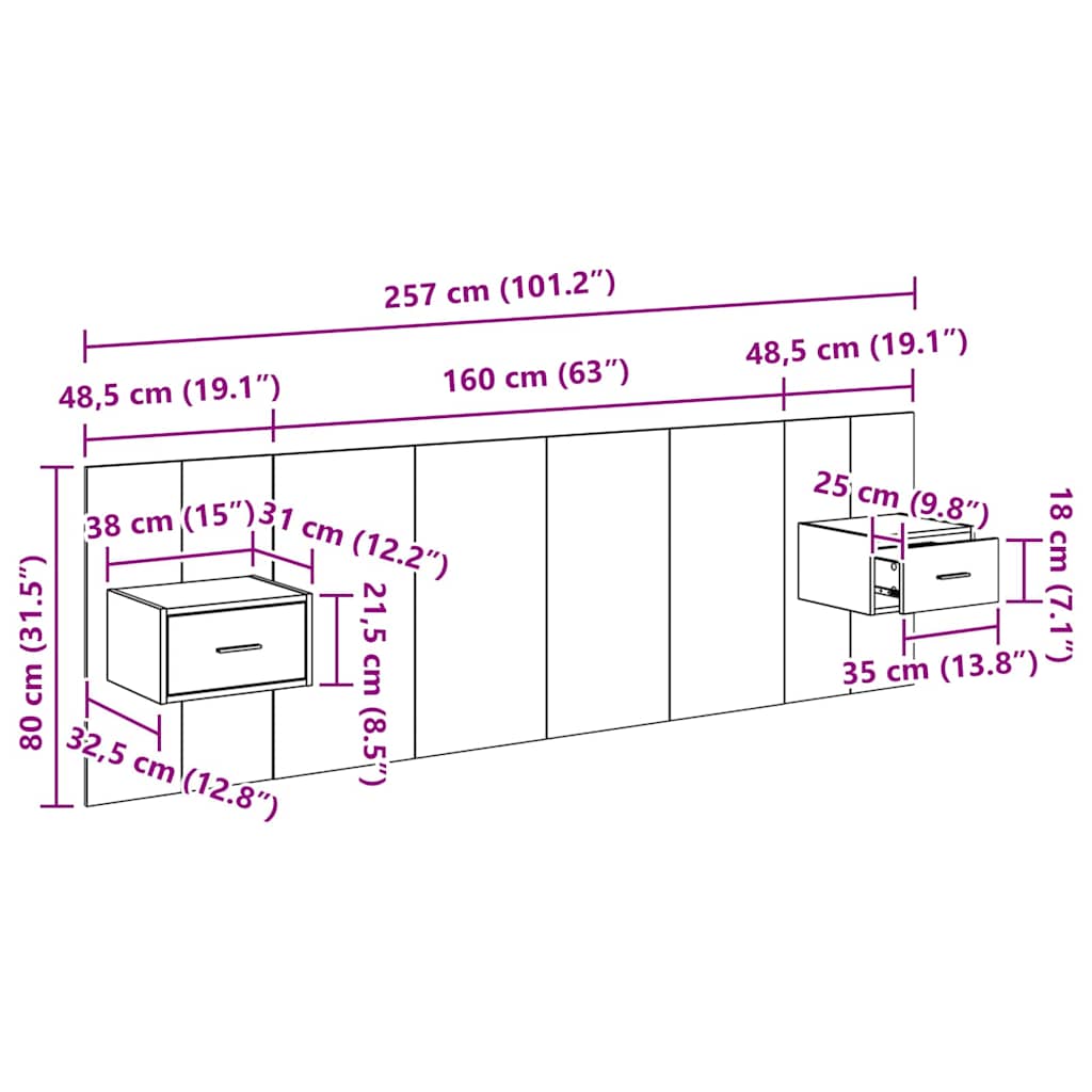Uzglavlje s ormarićem Zidne 3 pcs Crni hrast Konstruirano drvo