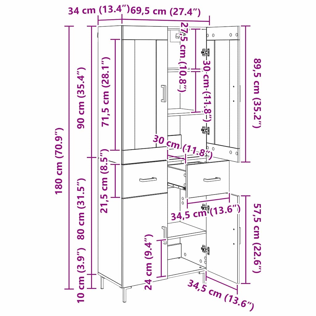 Highboard s ladicama 2 pcs Crni hrast Konstruirano drvo