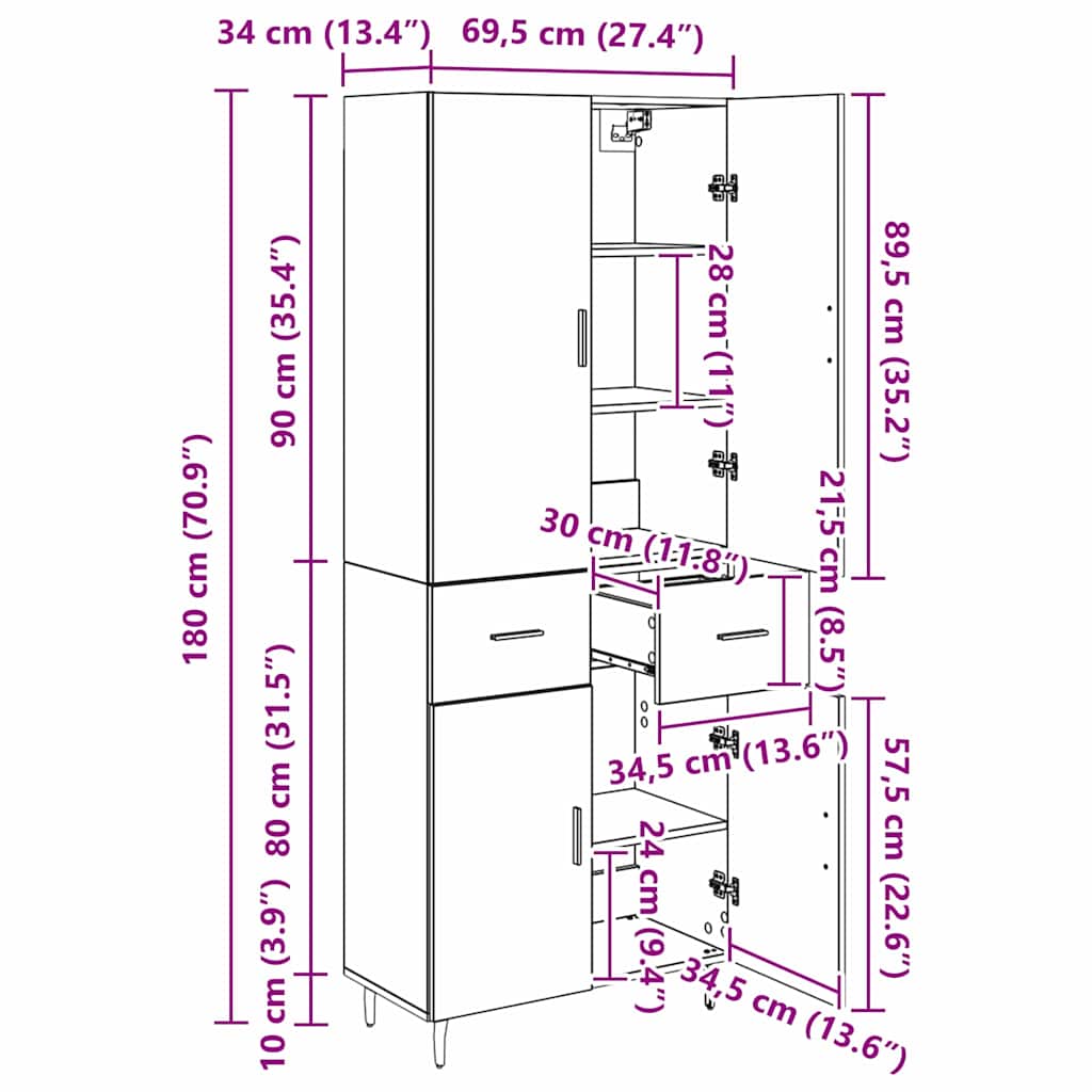 Highboard s ladicama 2 pcs Crni hrast Inženjerska drva i staklo