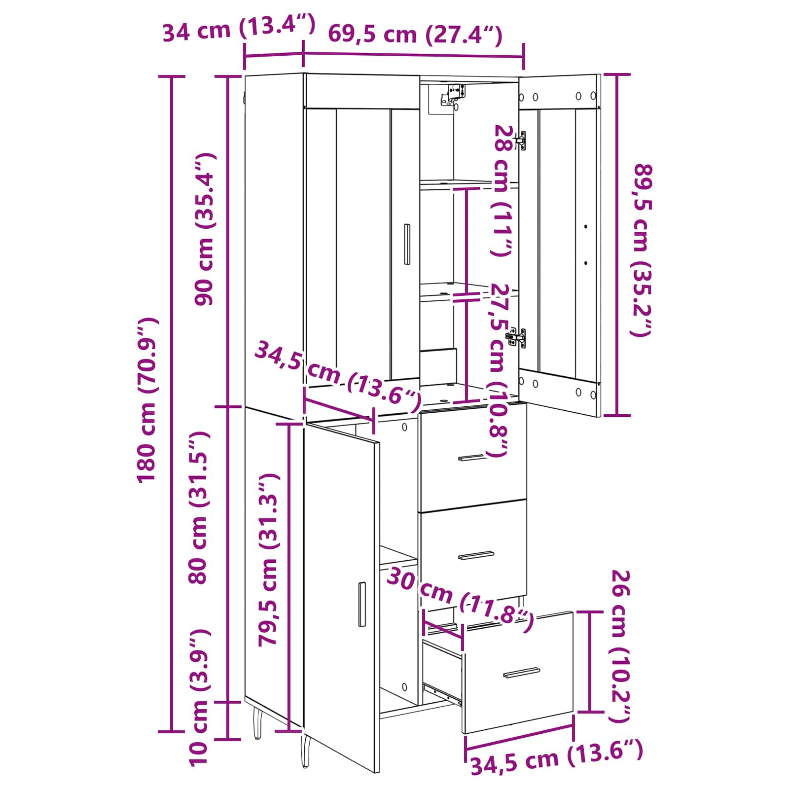 Highboard s ladicama 2 pcs Crni hrast Konstruirano drvo