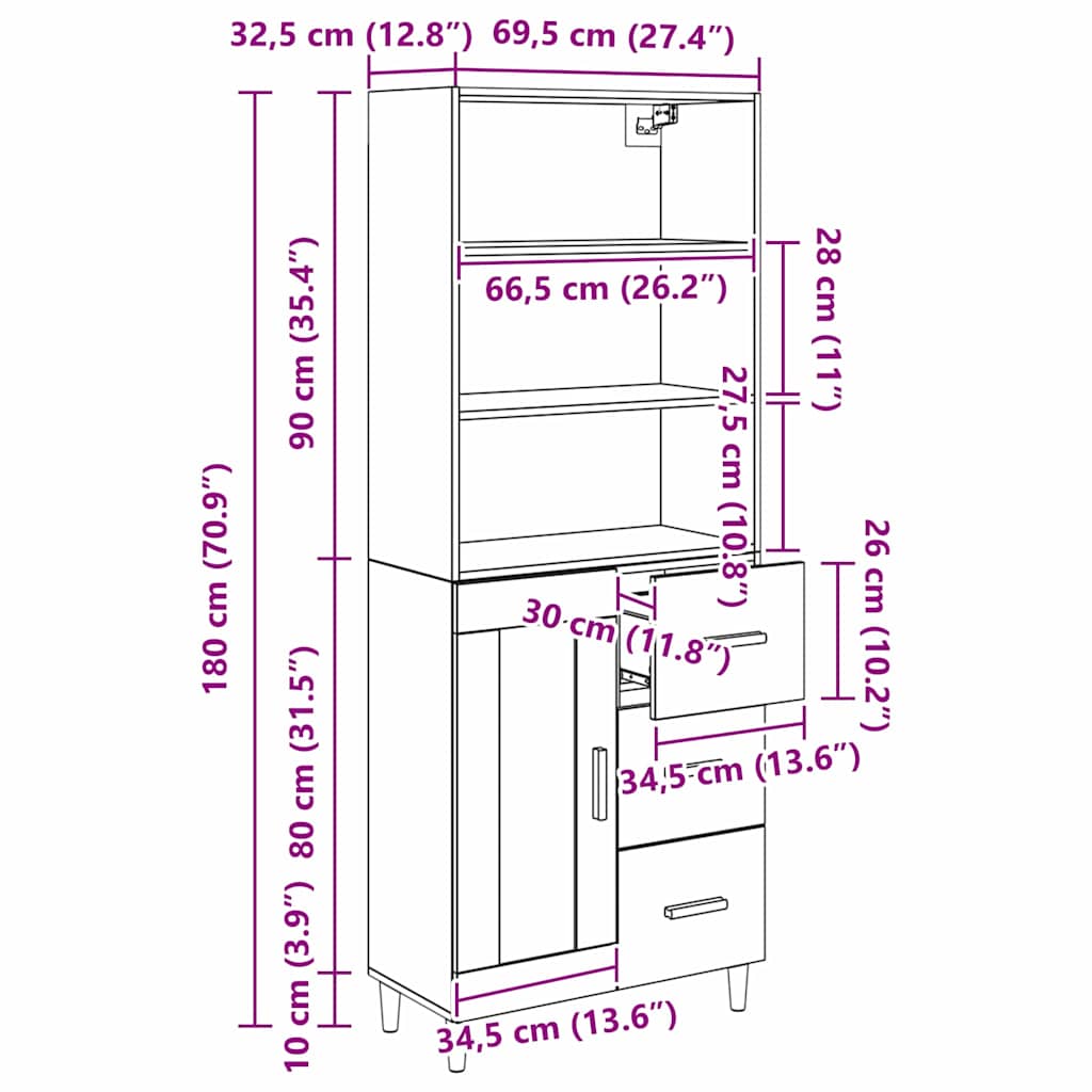 Highboard Crni hrast 69,5 x 32,5 x 180 cm Konstruirano drvo