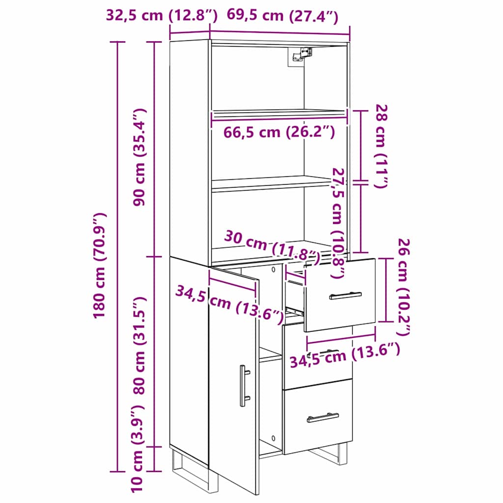Highboard s ladicama 2 pcs Crni hrast Konstruirano drvo