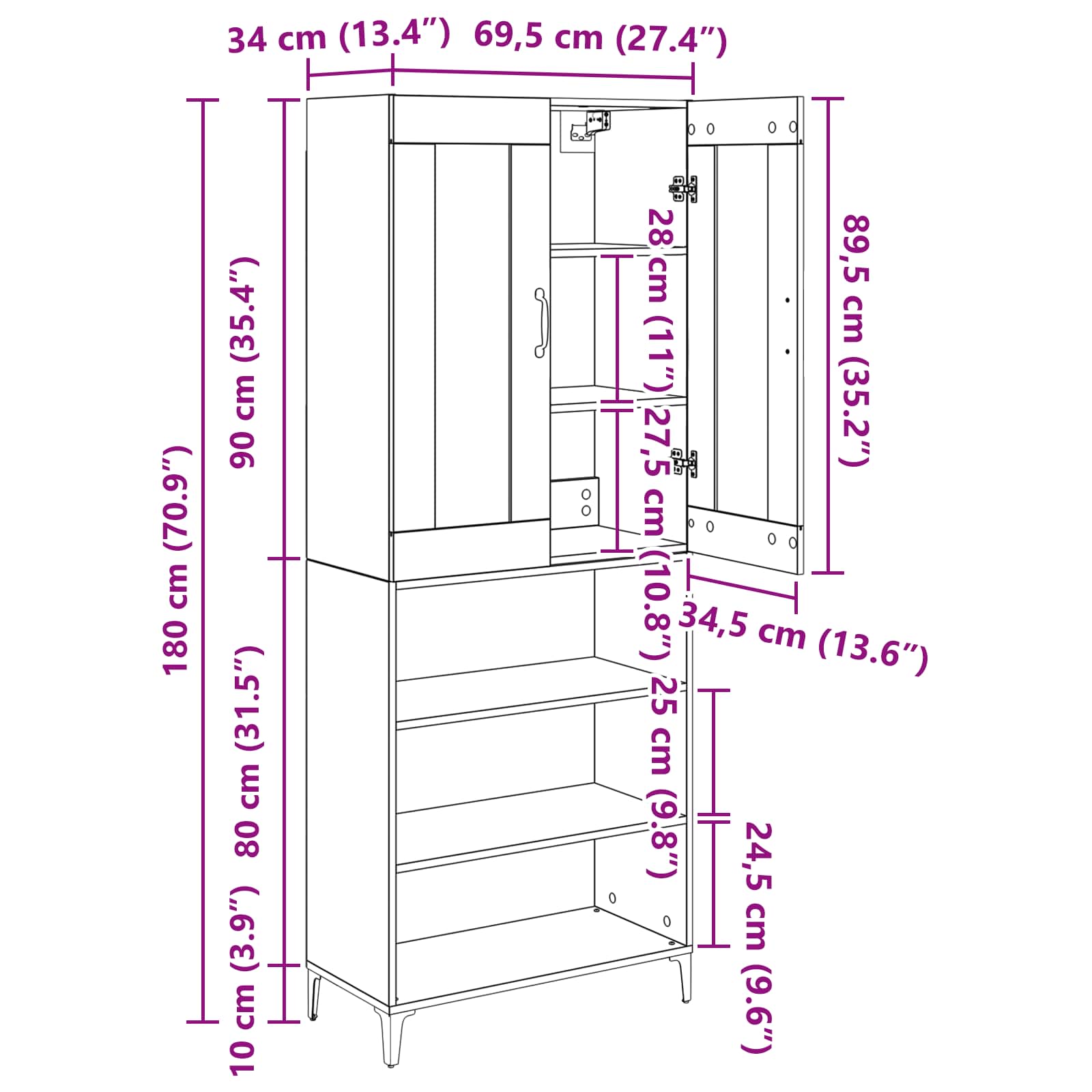 Highboard Zidne Crni hrast 69,5 x 34 x 180 cm Konstruirano drvo