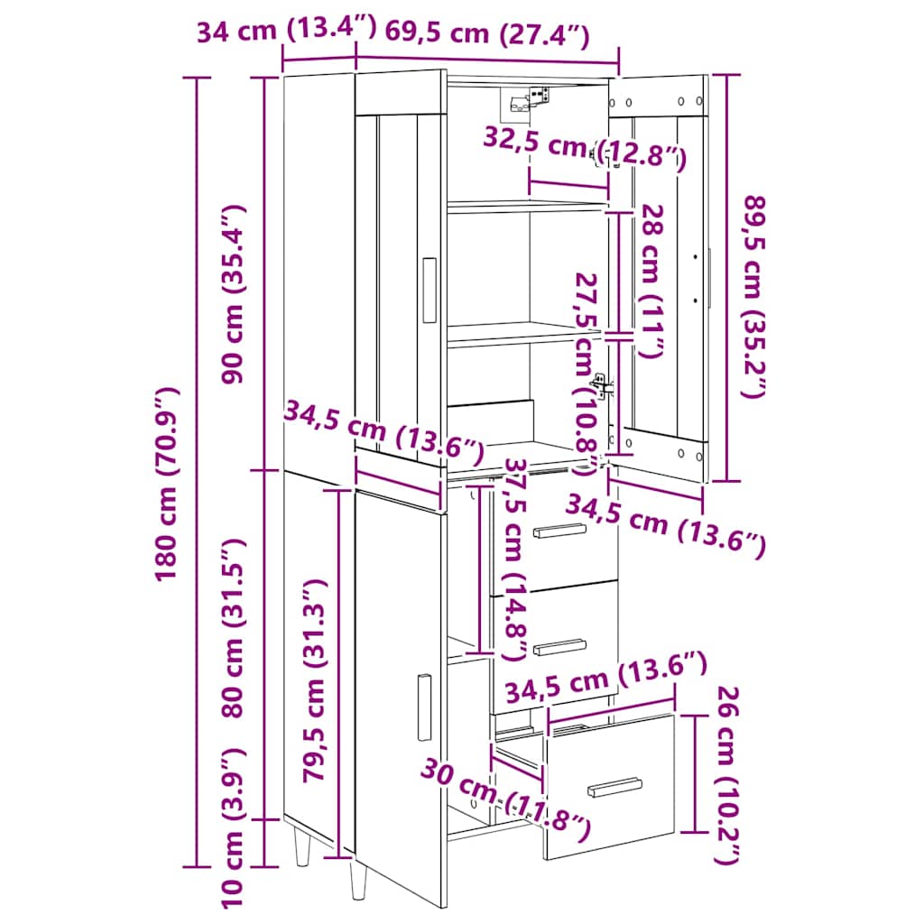 Highboard Crni hrast 34,5 x 34 x 180 cm Konstruirano drvo