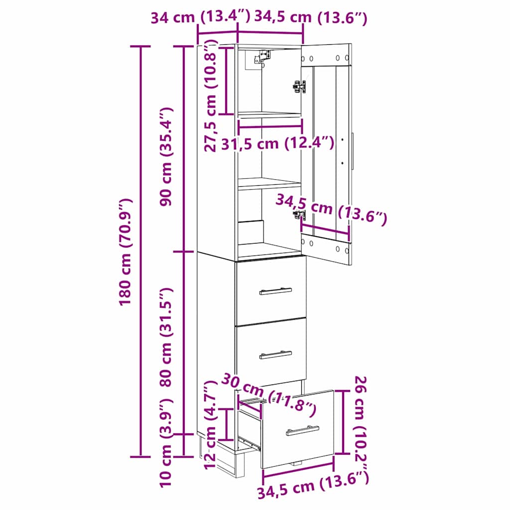 Highboard Crni hrast 34,5 x 34 x 180 cm Konstruirano drvo