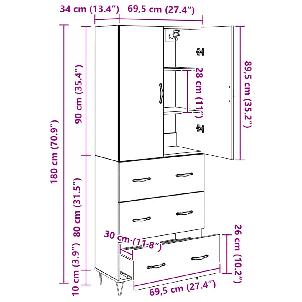 Highboard s ladicama 2 pcs Crni hrast Inženjersko drvo i staklo