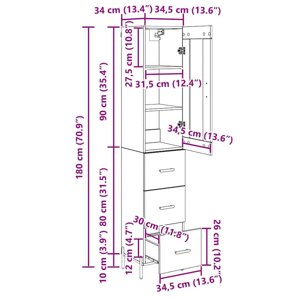Highboard Crni hrast 34,5 x 34 x 180 cm Konstruirano drvo