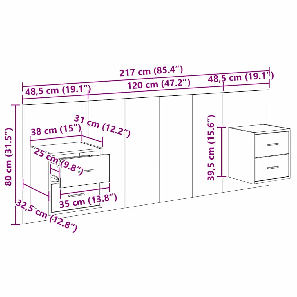 Uzglavlje s ormarićem Zidne 3 pcs Crni hrast Konstruirano drvo
