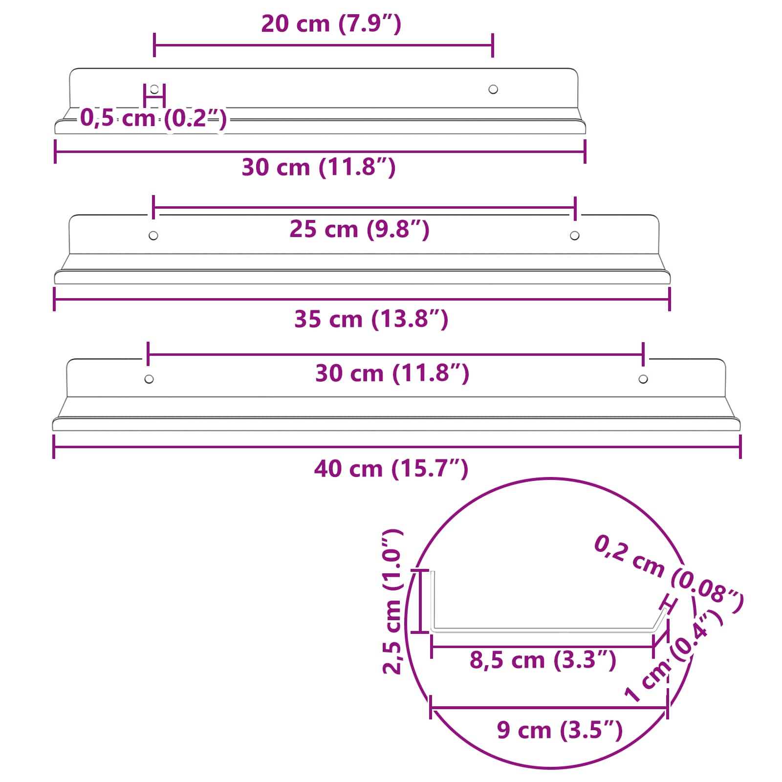 Lebdeća polica Zidne 3 pcs Bijeli 40 x 9 x 2,5 cm Čelik