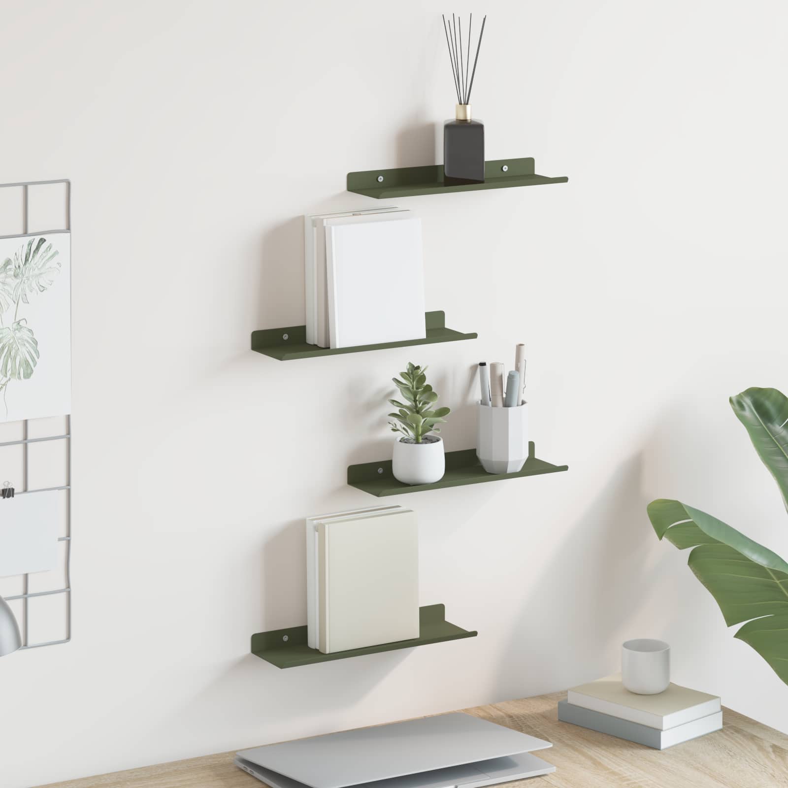 Lebdeća polica 4 pcs Maslinasto zelena 30 x 9 x 2,5 cm Čelik