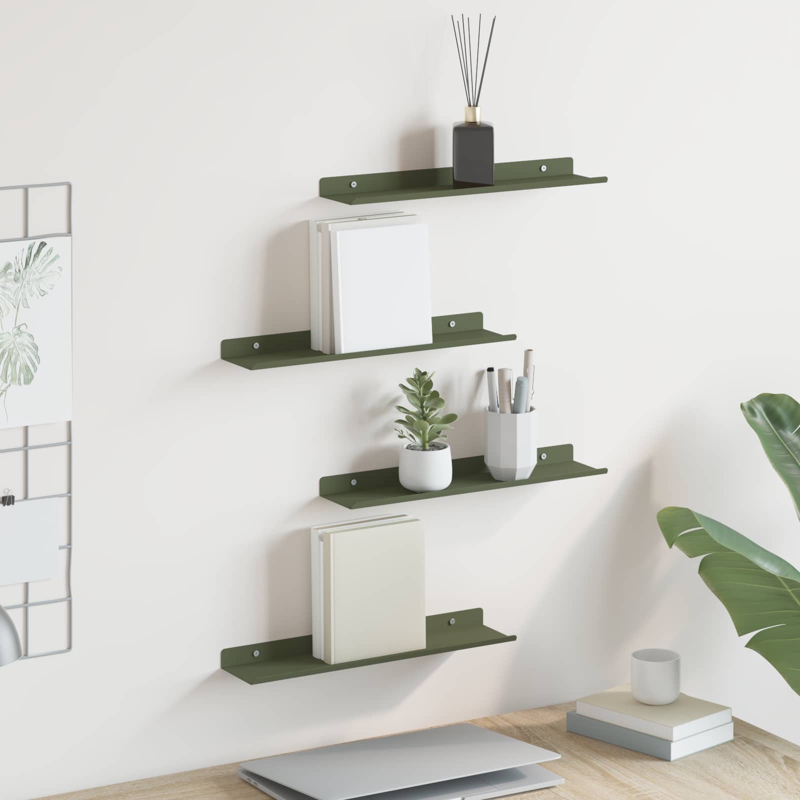 Lebdeća polica 4 pcs Maslinasto zelena 40 x 8,5 x 2,5 cm Čelik