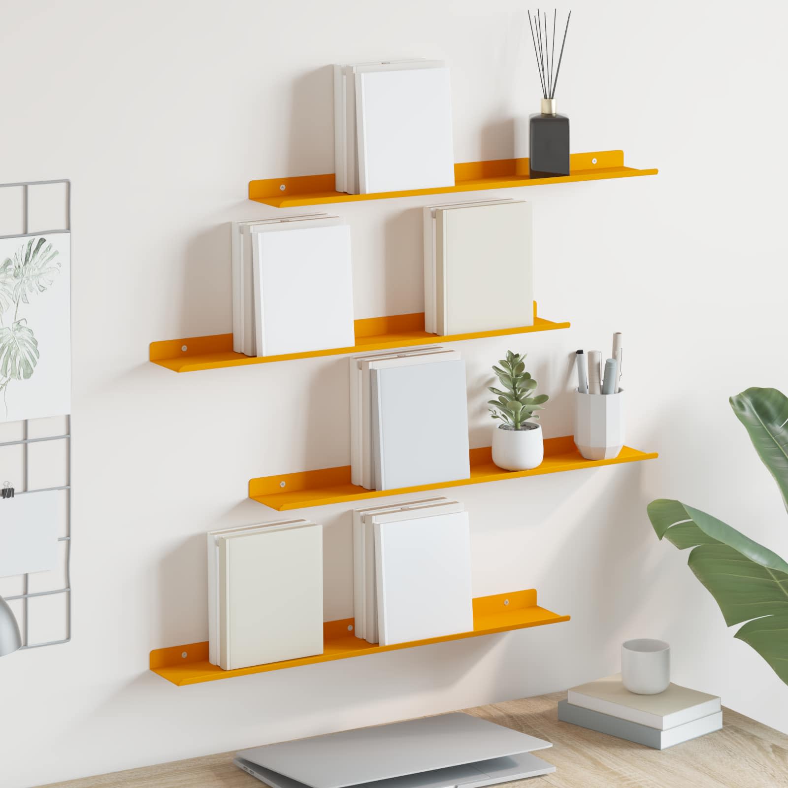 Lebdeća polica Zidne 4 pcs Žuta 60 x 8,5 x 2,5 cm Čelik
