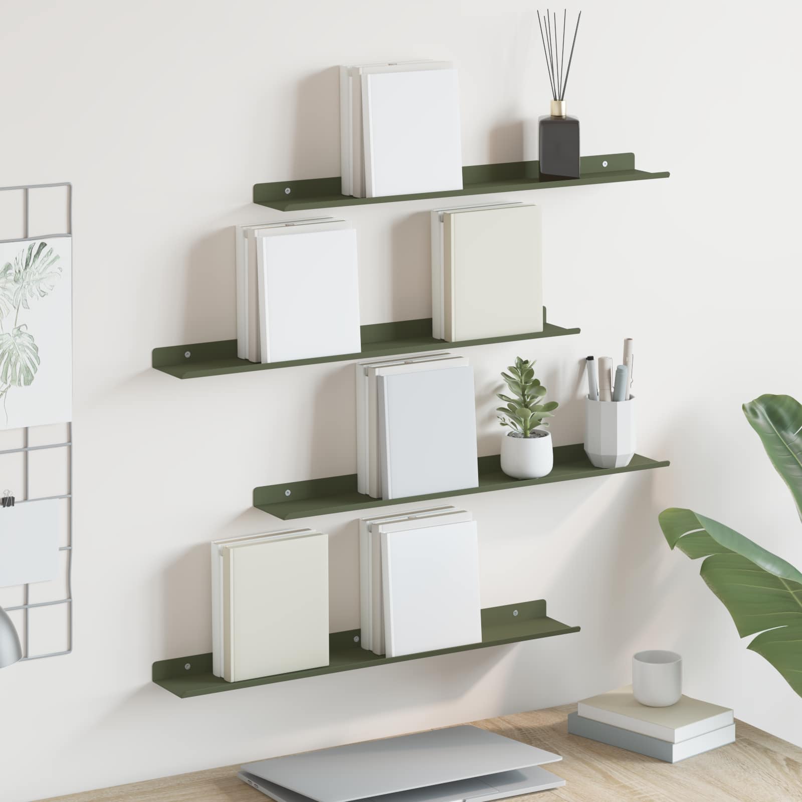 Lebdeća polica 4 pcs Maslinasto zelena 60 x 8,5 x 2,5 cm Čelik