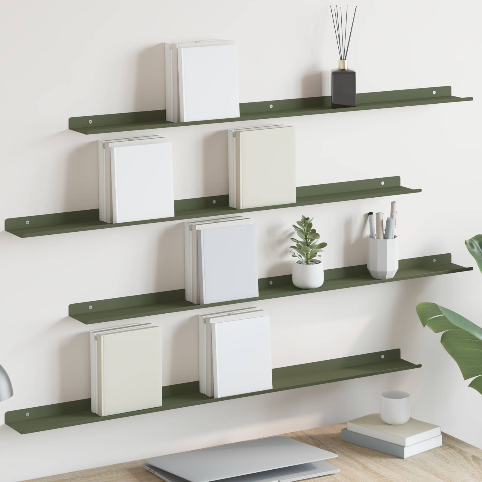 Lebdeća polica 4 pcs Maslinasto zelena 100 x 9 x 2,5 cm Čelik