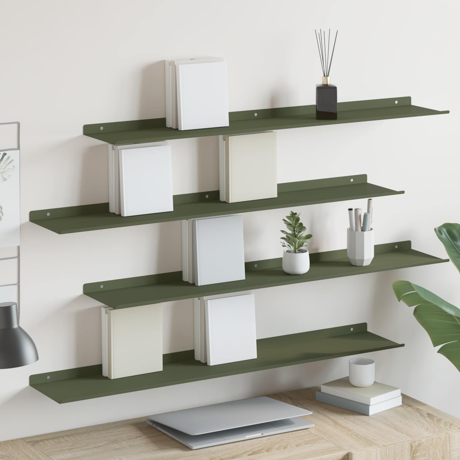 Lebdeća polica 4 pcs Maslinasto zelena 100 x 18 x 2,5 cm Čelik