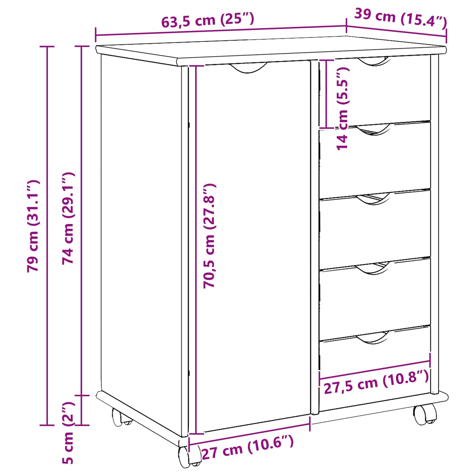Mobilni ormar Siva 63,5 x 39 x 79 cm Čvrsto borovo drvo