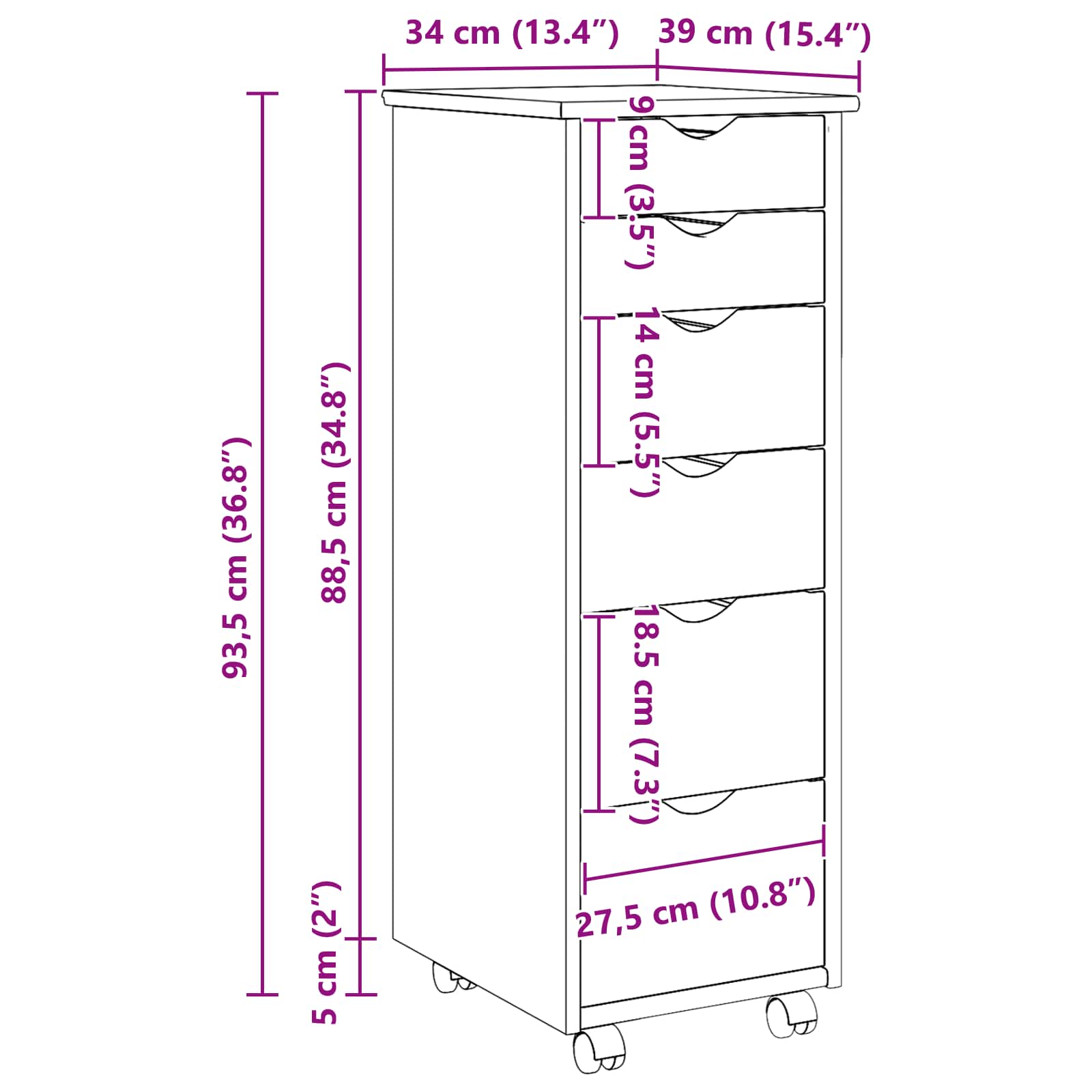 Mobilni ormar Crna 34 x 39 x 93,5 cm Čvrsto borovo drvo