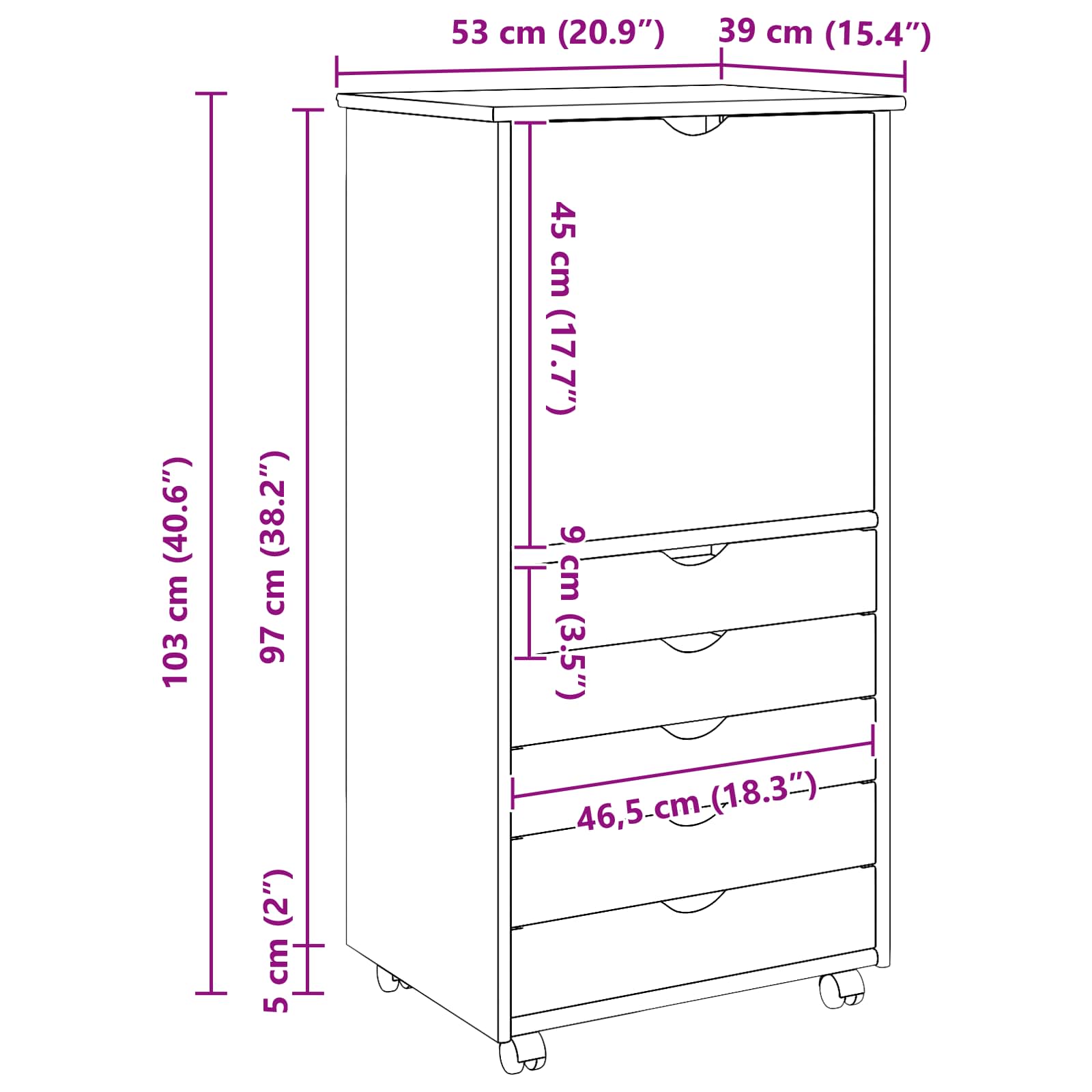 Mobilni ormar Crna 53 x 39 x 103 cm Čvrsto borovo drvo