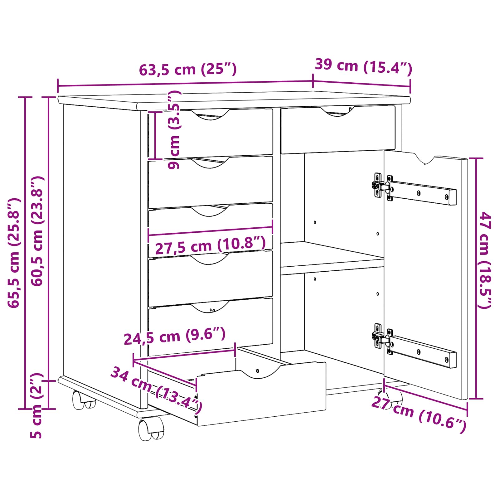 Mobilni ormar s kotačem Medeno smeđa 63,5 x 39 x 65,5 cm
