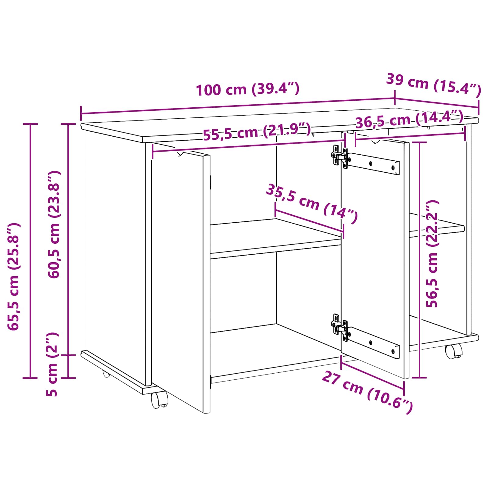 Mobilni ormar Bijelo 100 x 39 x 65,5 cm Čvrsto borovo drvo