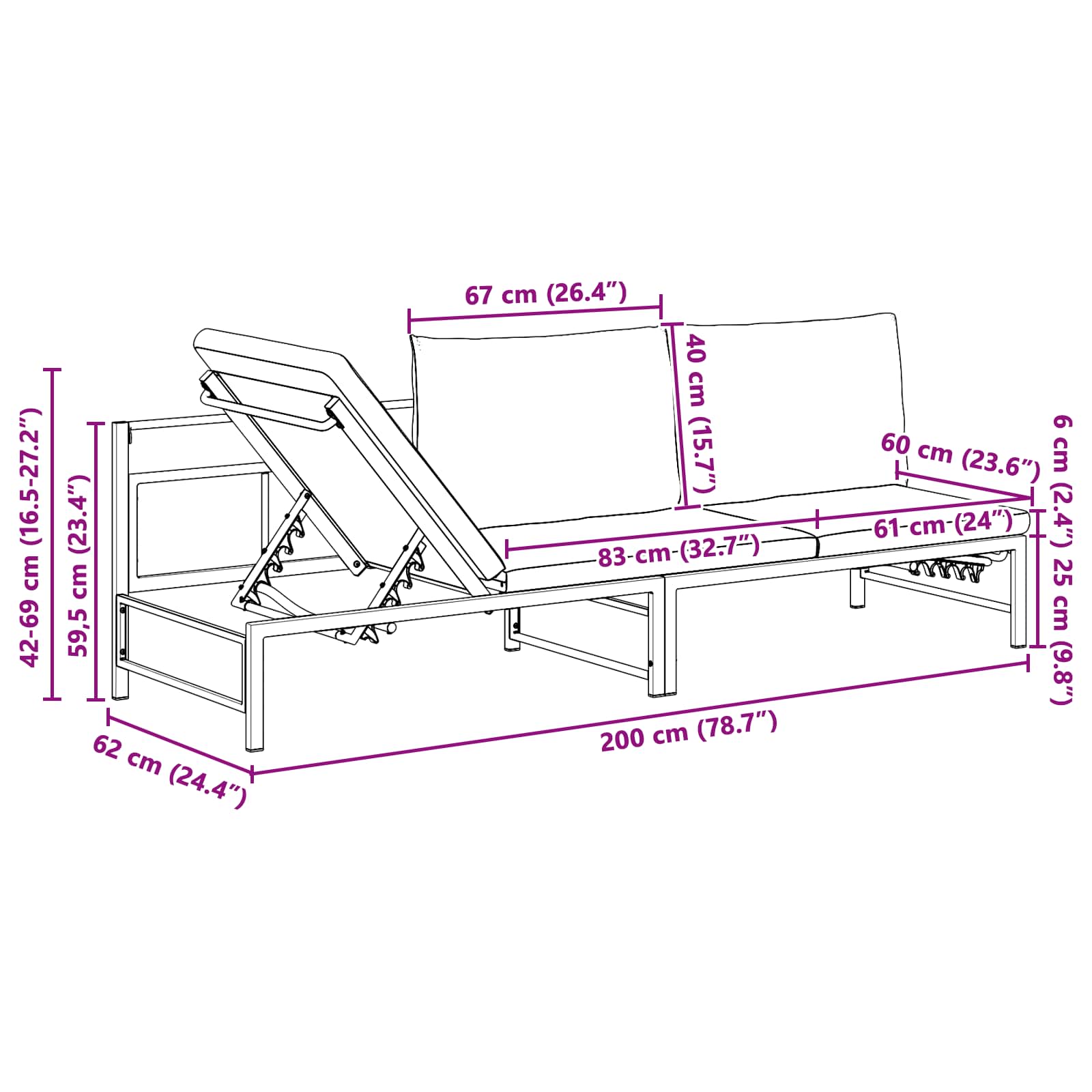 Suncobranska ležaljka za 3 osobe Crna 200 x 62 x 59,5 cm