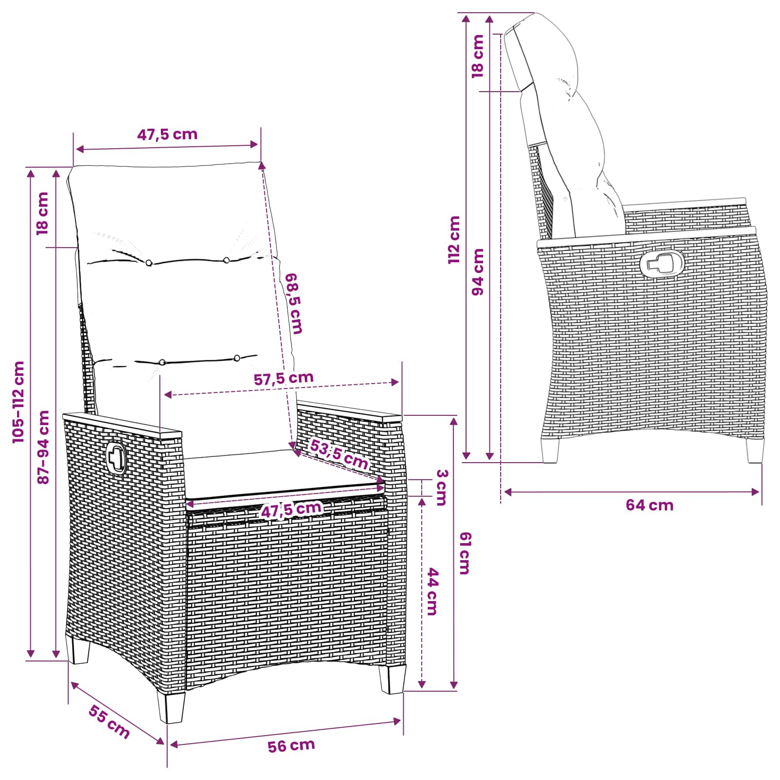 Ležaljka u vrtu Crna i Krema 64 x 57,5 x 112 cm poliratan