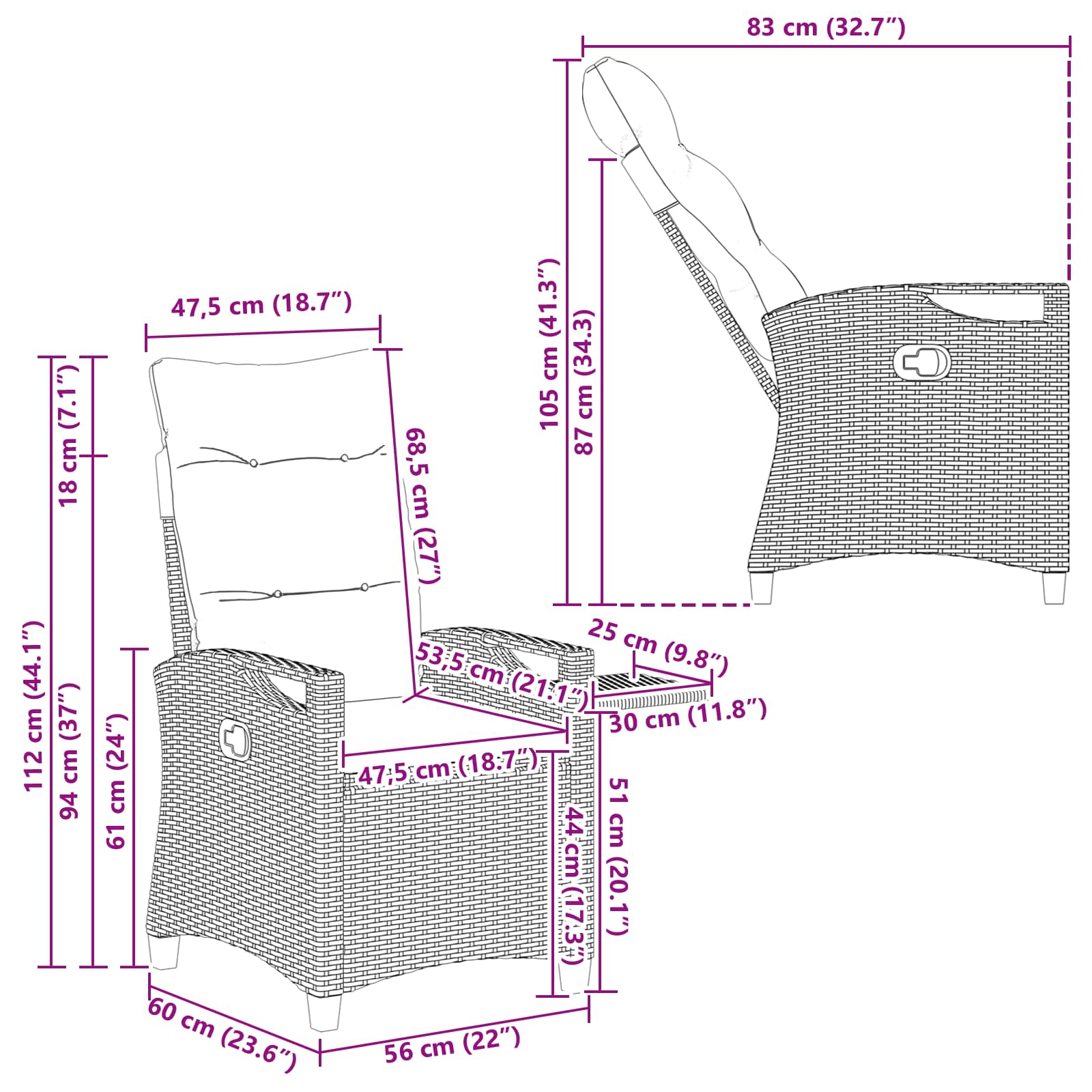 Ležaljka u vrtu Crna 56 x 60 x 112 cm poliratan