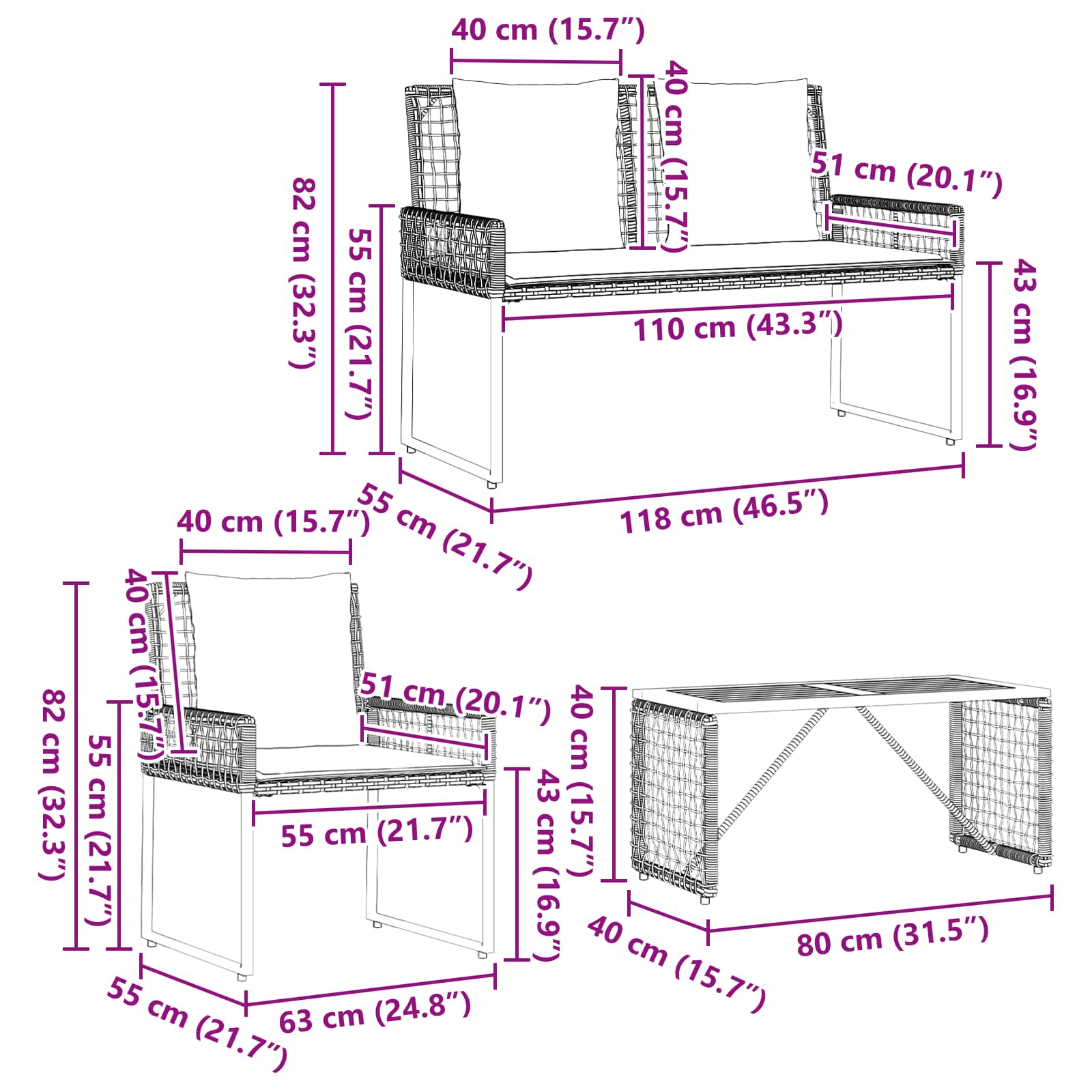 Set vanjskog namještaja s jastukom 4 pcs Crna i krem-bijela