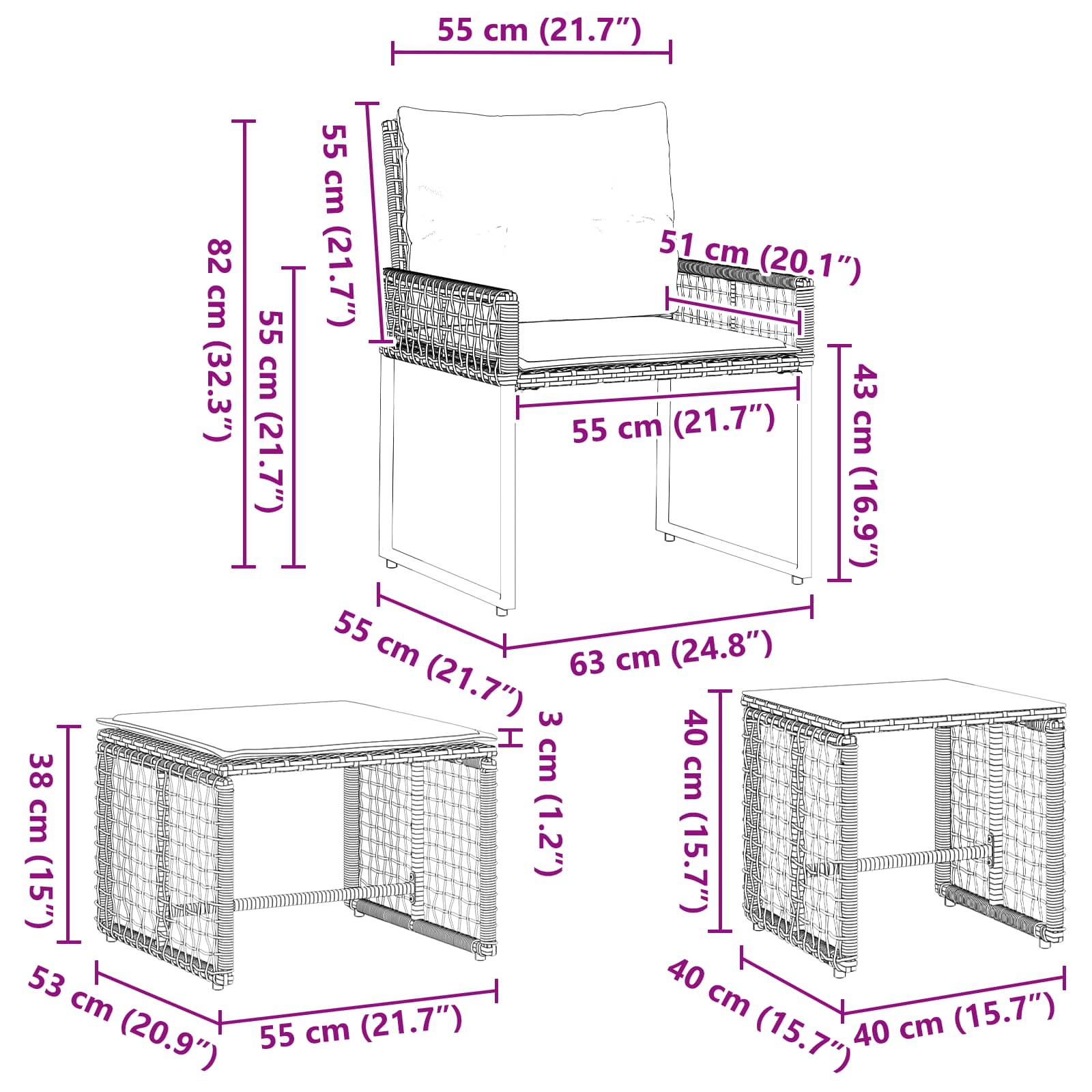 Set vanjskog namještaja s jastukom 5 pcs Crna i bijela