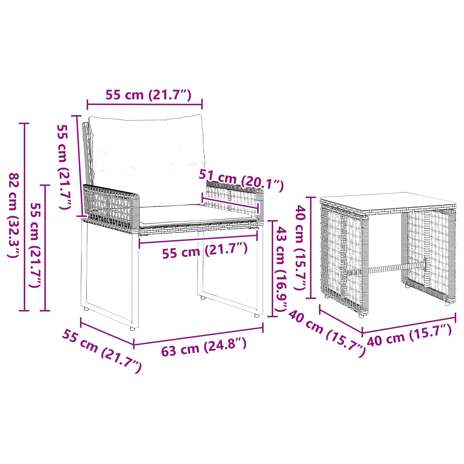 Set vanjskog namještaja s jastukom 3 pcs Crna i bijela