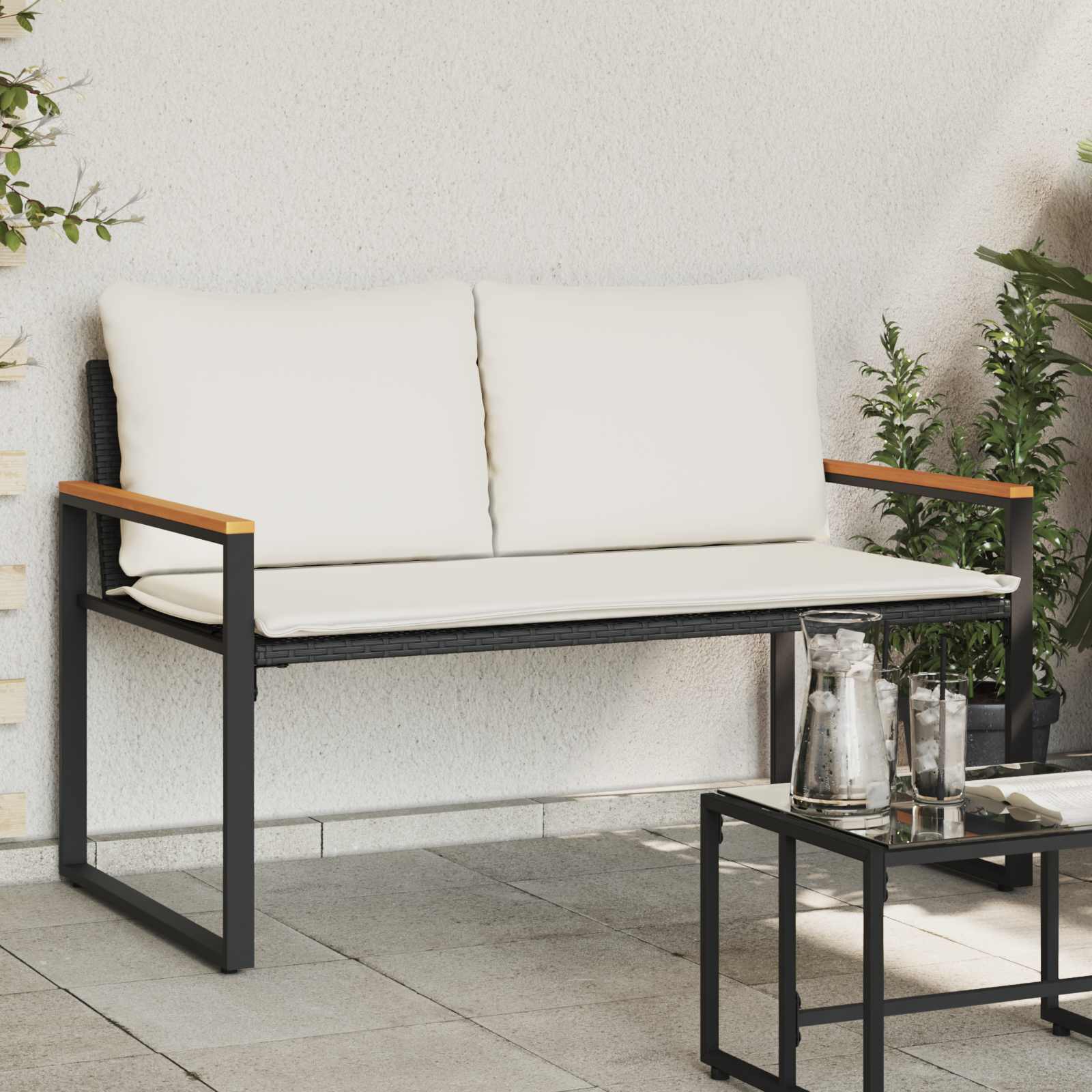 klupa s jastukom Crna i krem-bijela 115 x 65 x 72 cm Ratan