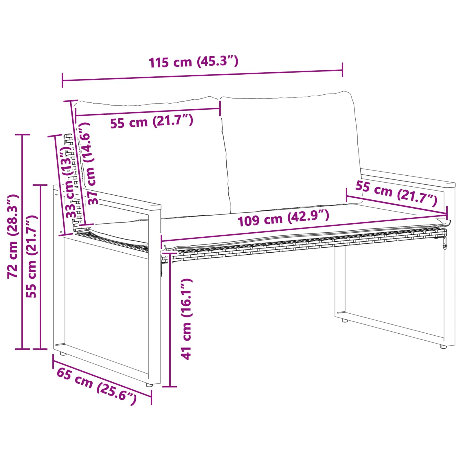 klupa s jastukom Siva i tamno siva 115 x 65 x 72 cm Ratan